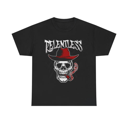 Edgy Skull Graphic Tee - Relentless, Unisex Heavy Cotton Tee, Casual Wear, Gift for Him/Her, Halloween Apparel, Music Festival Shirt