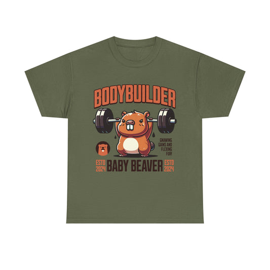Funny Baby Beaver Bodybuilder Tee, Cute Gym Shirt, Gift for Fitness Lovers, Unisex Cotton T-Shirt for Kids and Adults