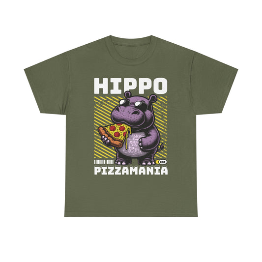 Hippo Pizzamania Unisex Heavy Cotton Tee, Fun Graphic Shirt, Pizza Lover Gift, Casual Wear, Birthday Apparel, Humor Tee
