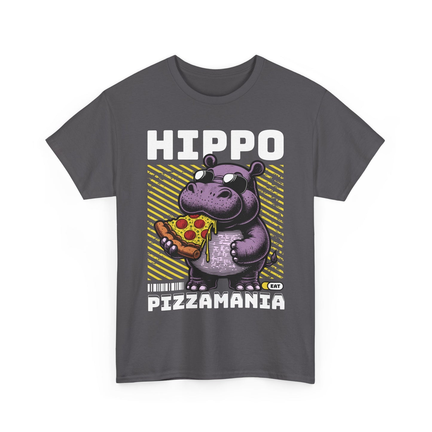 Hippo Pizzamania Unisex Heavy Cotton Tee, Fun Graphic Shirt, Pizza Lover Gift, Casual Wear, Birthday Apparel, Humor Tee