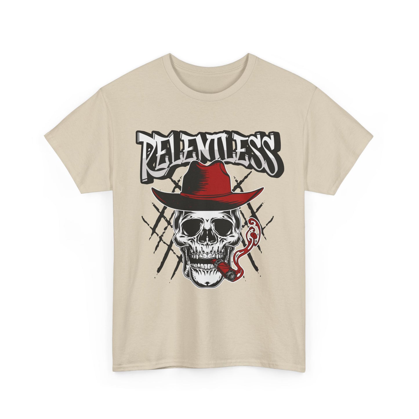 Edgy Skull Graphic Tee - Relentless, Unisex Heavy Cotton Tee, Casual Wear, Gift for Him/Her, Halloween Apparel, Music Festival Shirt