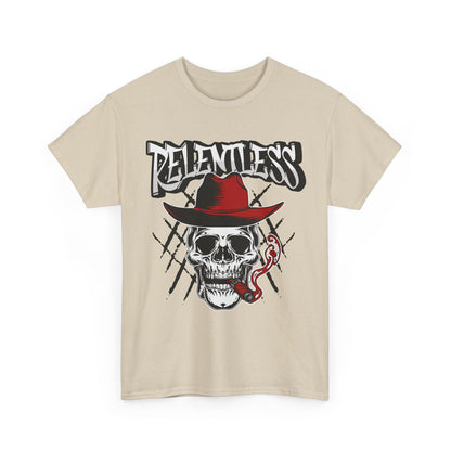 Edgy Skull Graphic Tee - Relentless, Unisex Heavy Cotton Tee, Casual Wear, Gift for Him/Her, Halloween Apparel, Music Festival Shirt