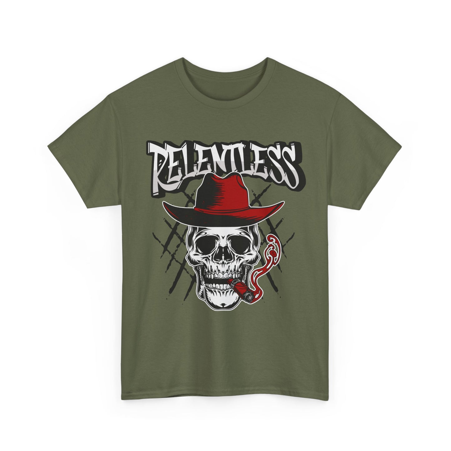 Edgy Skull Graphic Tee - Relentless, Unisex Heavy Cotton Tee, Casual Wear, Gift for Him/Her, Halloween Apparel, Music Festival Shirt