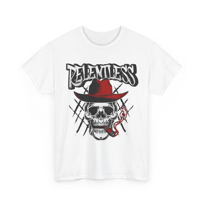 Edgy Skull Graphic Tee - Relentless, Unisex Heavy Cotton Tee, Casual Wear, Gift for Him/Her, Halloween Apparel, Music Festival Shirt