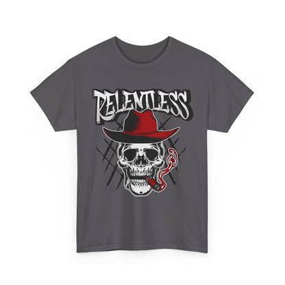 Edgy Skull Graphic Tee - Relentless, Unisex Heavy Cotton Tee, Casual Wear, Gift for Him/Her, Halloween Apparel, Music Festival Shirt