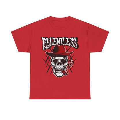 Edgy Skull Graphic Tee - Relentless, Unisex Heavy Cotton Tee, Casual Wear, Gift for Him/Her, Halloween Apparel, Music Festival Shirt