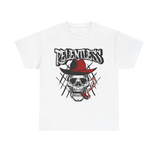 Edgy Skull Graphic Tee - Relentless, Unisex Heavy Cotton Tee, Casual Wear, Gift for Him/Her, Halloween Apparel, Music Festival Shirt