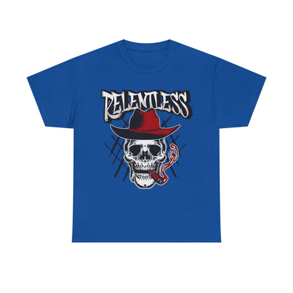 Edgy Skull Graphic Tee - Relentless, Unisex Heavy Cotton Tee, Casual Wear, Gift for Him/Her, Halloween Apparel, Music Festival Shirt