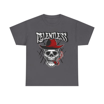 Edgy Skull Graphic Tee - Relentless, Unisex Heavy Cotton Tee, Casual Wear, Gift for Him/Her, Halloween Apparel, Music Festival Shirt