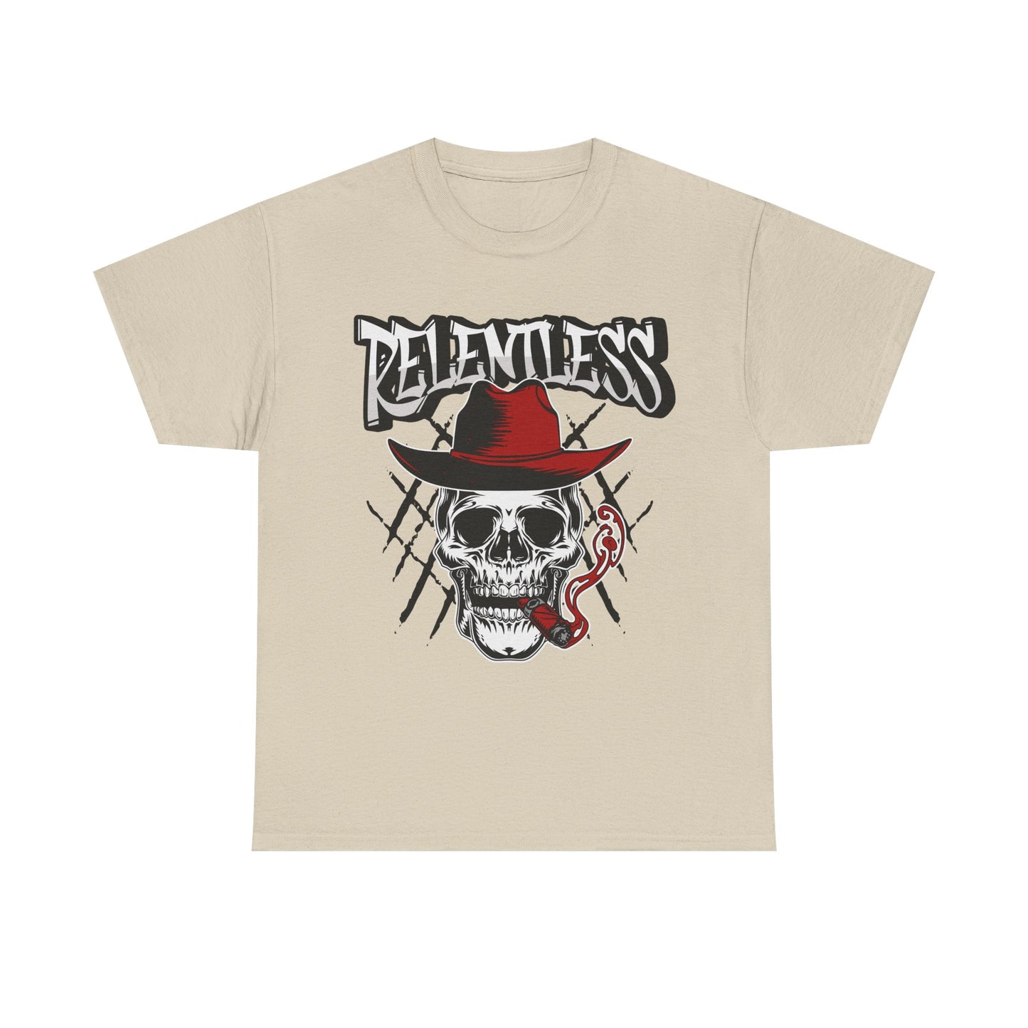 Edgy Skull Graphic Tee - Relentless, Unisex Heavy Cotton Tee, Casual Wear, Gift for Him/Her, Halloween Apparel, Music Festival Shirt