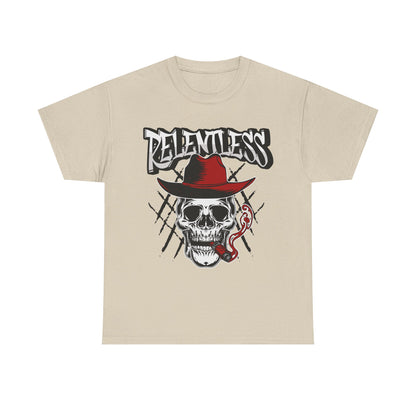 Edgy Skull Graphic Tee - Relentless, Unisex Heavy Cotton Tee, Casual Wear, Gift for Him/Her, Halloween Apparel, Music Festival Shirt
