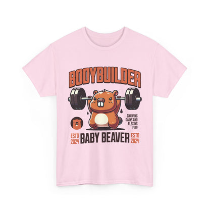Funny Baby Beaver Bodybuilder Tee, Cute Gym Shirt, Gift for Fitness Lovers, Unisex Cotton T-Shirt for Kids and Adults