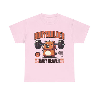 Funny Baby Beaver Bodybuilder Tee, Cute Gym Shirt, Gift for Fitness Lovers, Unisex Cotton T-Shirt for Kids and Adults