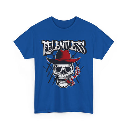 Edgy Skull Graphic Tee - Relentless, Unisex Heavy Cotton Tee, Casual Wear, Gift for Him/Her, Halloween Apparel, Music Festival Shirt