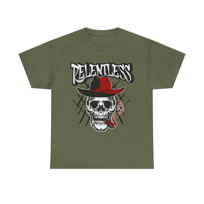 Edgy Skull Graphic Tee - Relentless, Unisex Heavy Cotton Tee, Casual Wear, Gift for Him/Her, Halloween Apparel, Music Festival Shirt
