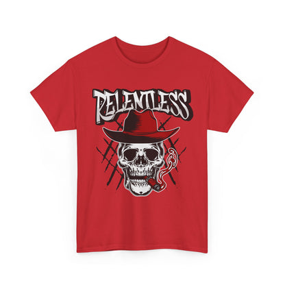Edgy Skull Graphic Tee - Relentless, Unisex Heavy Cotton Tee, Casual Wear, Gift for Him/Her, Halloween Apparel, Music Festival Shirt