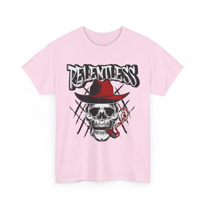 Edgy Skull Graphic Tee - Relentless, Unisex Heavy Cotton Tee, Casual Wear, Gift for Him/Her, Halloween Apparel, Music Festival Shirt