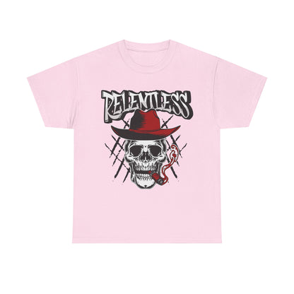 Edgy Skull Graphic Tee - Relentless, Unisex Heavy Cotton Tee, Casual Wear, Gift for Him/Her, Halloween Apparel, Music Festival Shirt