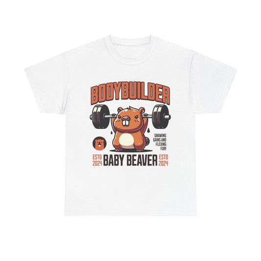 Funny Baby Beaver Bodybuilder Tee, Cute Gym Shirt, Gift for Fitness Lovers, Unisex Cotton T-Shirt for Kids and Adults